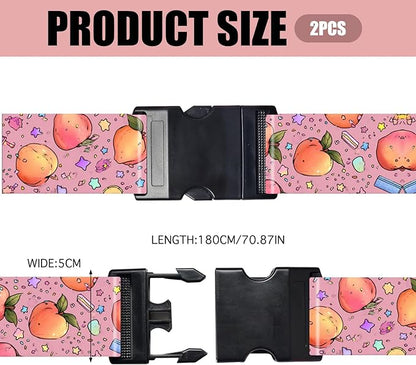 Nuxovilar Luggage Straps of 2 Set Peaches and Stars Candy on Pink Pattern, Durable Material 1.96 * 70.86 Inches for Suitcases, Travel Essentials for 22-28 Inch Luggage, Ideal for Summer Vacations