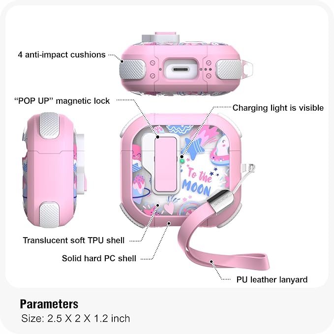 WENEW Case for AirPods 4th Case Cover Secure Lock Automatic Snap Switch Clip Cleaner Kit Lanyard Women Stylish Flower Armour Hard Shell Full Body Front LED Visible (Pink Universe, AirPods 4th)