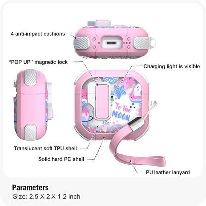WENEW Case for AirPods 4th Case Cover Secure Lock Automatic Snap Switch Clip Cleaner Kit Lanyard Women Stylish Flower Armour Hard Shell Full Body Front LED Visible (Pink Universe, AirPods 4th)