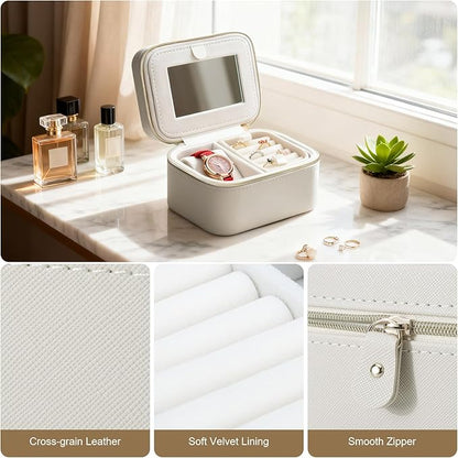 DesignSter Travel Jewelry Case,Small Jewelry Box with Mirror,Leather Material Travel Jewelry Case Organizer, Portable Jewelry Organizer with Zipper(Gray