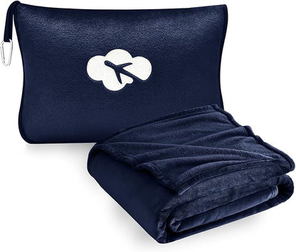 Travel Blanket and Pillow Compact, Premium Soft 2 in 1 Airplane Blanket with Soft Bag Pillowcase，Hand Luggage Sleeve and Backpack Clip (Navy)
