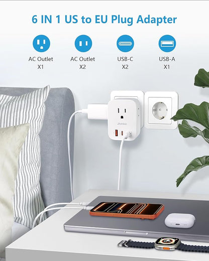2 Pack European Travel Plug Adapter, Type E/F Plug Adapter with 30W GaN Fast Charger, 3 AC Outlets, 2 USB-C & 1 USB-A Ports, Power Adapter for France, Germany, Spain, South Korea & More
