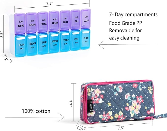 Weekly Pill Organizer 2 Times a Day, Zumd Pill Box 7 Day with Cute Quilted Fabric Zipper Case, Travel Pill Case Am Pm for Vitamin Medicine Organizer