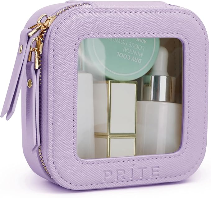 Prite Small Makeup Bag for Women Portable Clear Makeup Bag Cute Mini Waterproof Travel Cosmetic Bag with Gold Zipper for Car Essentials(Violet)