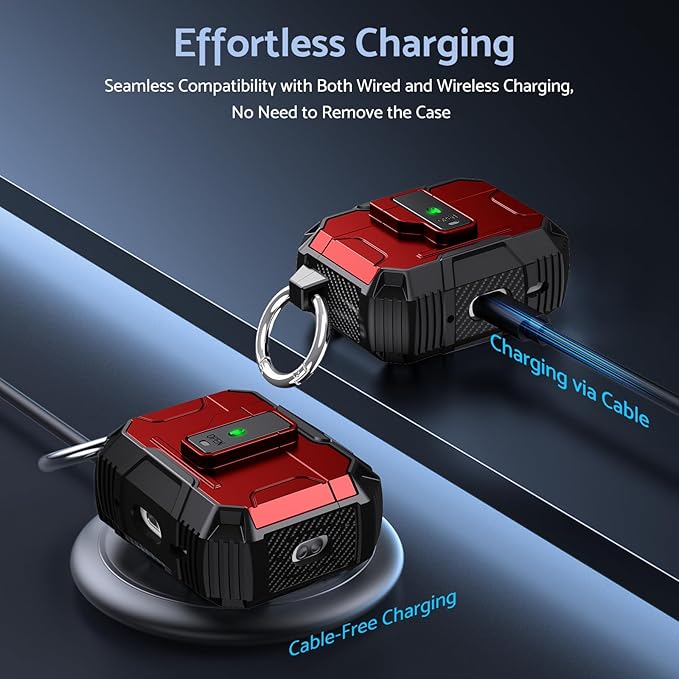 DASFOND Armor Earphone Cover Case for Airpods Pro 2, Military Grade Full Body Shockproof Protection Hard Case, Support Wireless Charging with Keychain, Magnetic Lid, Front LED Visible, Red