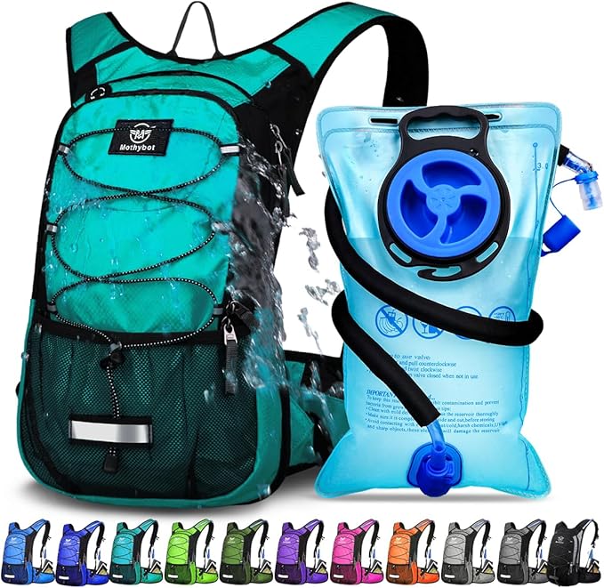 Insulated Hydration Backpack Pack with 3L BPA Free Leak Proof Water Bladder, Large Storage Lightweight Hiking Daypack with Waist Pouches & Cooler Layer, for Running, Biking, Camping, Festival