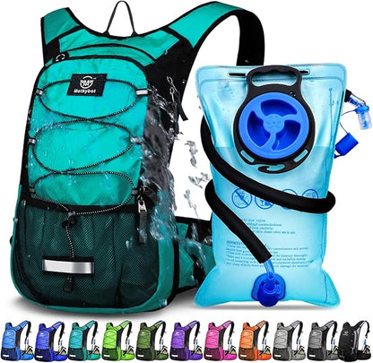 Insulated Hydration Backpack Pack with 3L BPA Free Leak Proof Water Bladder, Large Storage Lightweight Hiking Daypack with Waist Pouches & Cooler Layer, for Running, Biking, Camping, Festival