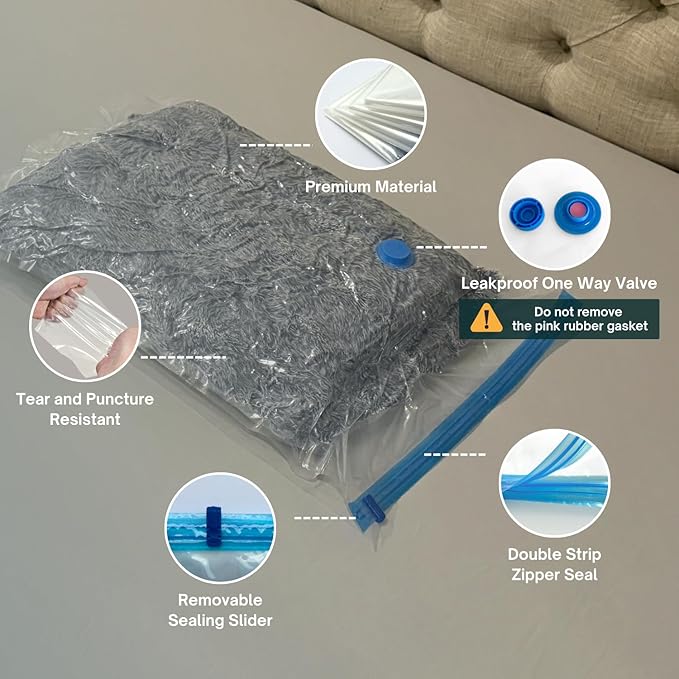 10 XL Jumbo Vacuum Storage Bags with Pump, Extra Large Compression Space Saver for Comforter, Duvet, Bedding, Blanket Storage, Vacuum Seal Bags for Clothing, Luggage Closet Organizer