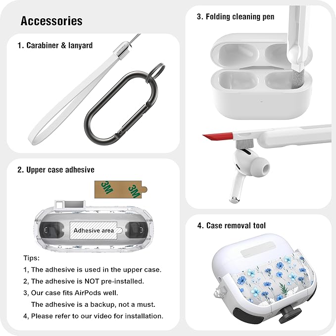 WENEW Case for AirPods Pro & Pro 2 Case Cover Secure Lock Automatic Snap Switch Clip Cleaner Kit Lanyard Women Stylish Flower Full Body Hard Shell Front LED Visible (Blue Flower, AirPods Pro & Pro 2)