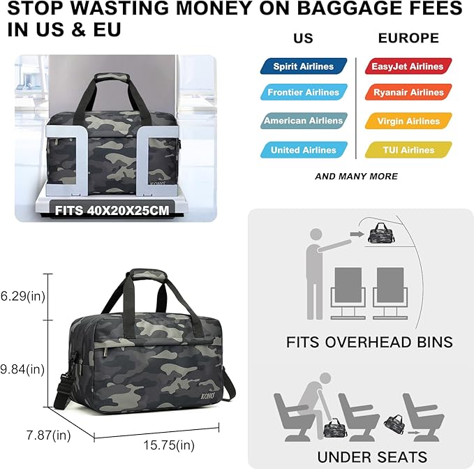 Kono Travel Duffel 20L Under Seat Carry-On Sports Tote Gym Weekender Overnight Bag - 15.75"x9.84"x7.87" Camo