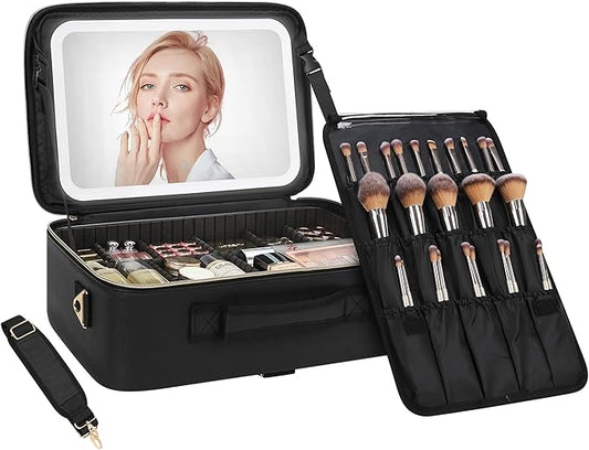 Chomeiu Makeup Bag with LED Mirror, Large Train Case for Makeup Artists, 16.2 inches Travel Professional Cosmetic Organizer with Light Up Mirror, 3 Color Lights, Brush Holder & Shoulder Strap (Black)
