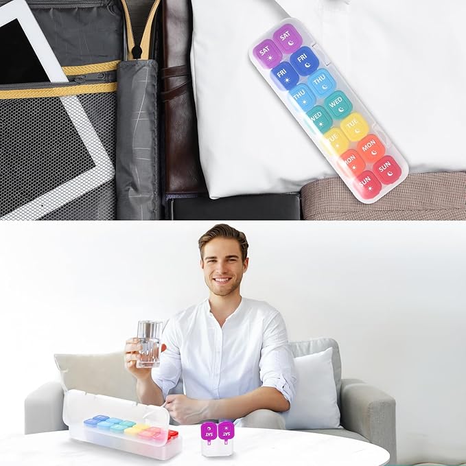 Fullicon Moisture-Proof Pill Organizer 2 Times a Day, Weekly Pill Boxes & Organiser with Silicone Lids, Large Capacity AM PM Pill Organizer 7 Day, Travel Pill Case for Vitamins (Clear Rainbow)