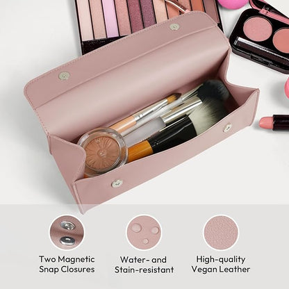 carrotez Stylish PU Leather Makeup Bag: Versatile Travel Toiletry Bag & Cosmetic Pouch, Small Makeup Organizer for Purse Essentials - Ideal Makeup Brush Holder & Sunglasses Case for Women - Pink