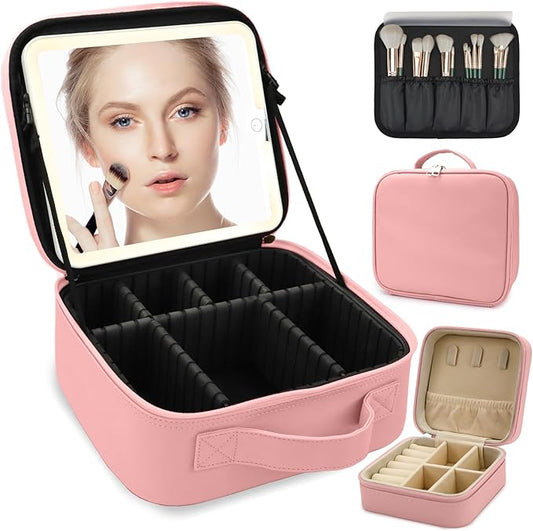 Travel Makeup Bag for Makeup Artists Large Makeup Case,with Mirror 3 Color Setting and Jewelry box Travel Makeup Bag,Portable Storage and Adjustable Dividers（pink）