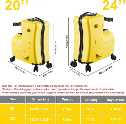 20 Inch Riding Trolley for Kids,Toddler Luggage Seat Ride with Lock | Kids Travel Suitcase with Safety Belt, Wheels for Toddler Airplane Travel, ABS+PC (Yellow)