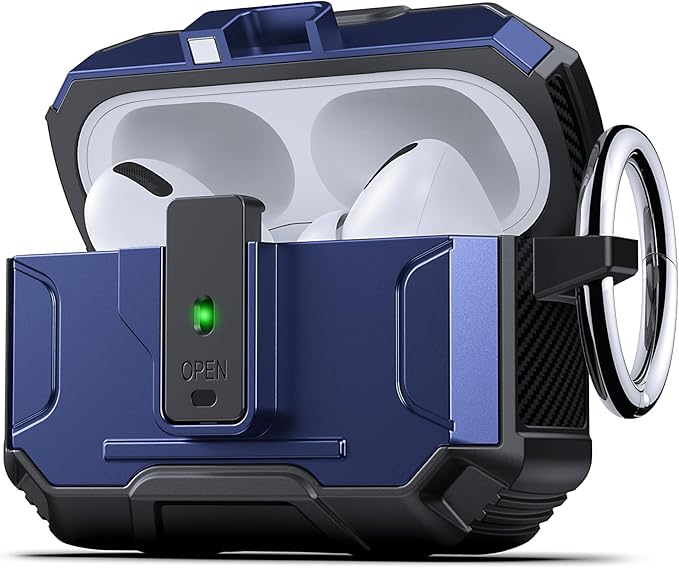 DASFOND Armor Earphone Cover Case for Airpods Pro, Military Grade Full Body Shockproof Protection Hard Case, Support Wireless Charging with Keychain, Magnetic Lid, Front LED Visible, Blue