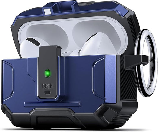 DASFOND Armor Earphone Cover Case for Airpods Pro, Military Grade Full Body Shockproof Protection Hard Case, Support Wireless Charging with Keychain, Magnetic Lid, Front LED Visible, Blue