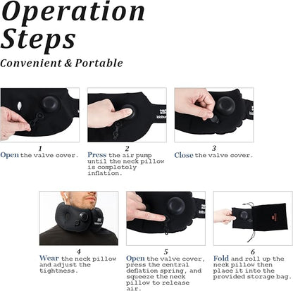 Inflatable Neck Pillow, Portable Travel Neck Pillow for Long Flight, Storable Black Neck Pillows with Washable Cover, Adjustable Air-Fill Support