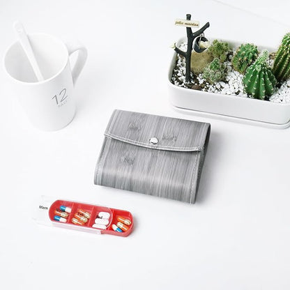 Pill Organizer,LIZIMANDU Weekly Travel Pill Case Box Medication Reminder Daily AM PM, Day Night 7 Compartments,for 4 Times A Day, 7 Days a Week-Includes Leather PU Carrying Case(1-Wood-Light Grey)