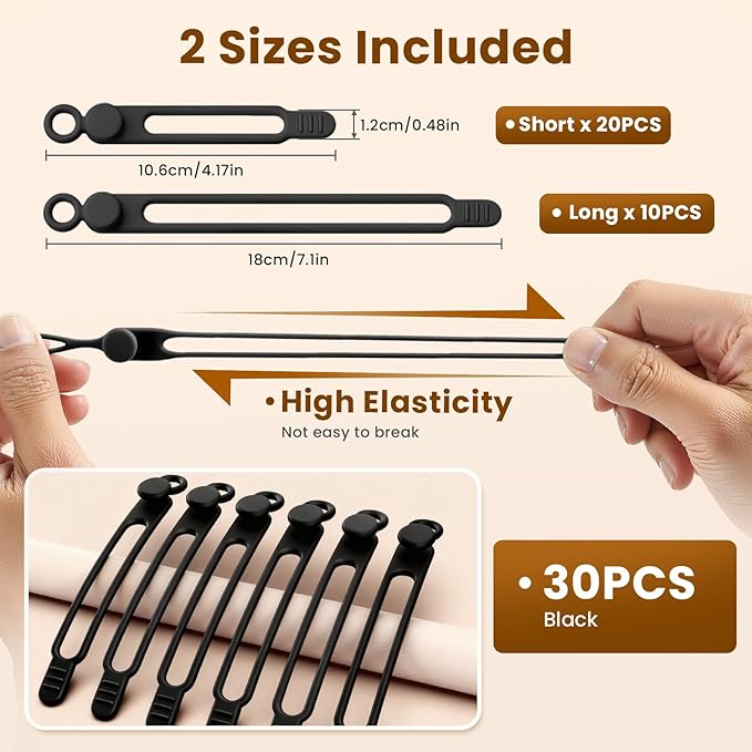 30 Pcs Silicone Data Cable Organizer, Reusable Cable Ties Wire Organizers for Office, Multipurpose Elastic Cord Wraps Cable Management for Charging Cord,Appliances,Home,Office,Kitchen,School,Travel