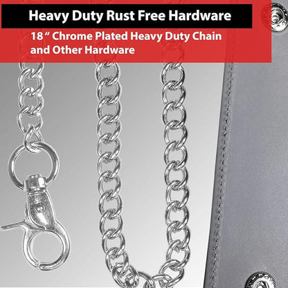 IBRO VINTAGE Motorcycle Chain Wallet for Men – Premium Cowhide Leather, RFID Tri-Fold Biker Wallet with Heavy Duty Chain for Bikers Truckers & Hunters, Credit Card Money Organizer Long Wallet