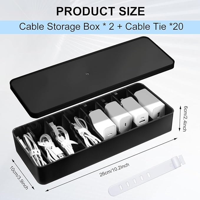 Tatuo 2 Pcs Cable Organizer Box with Wire Ties, Plastic Cord Storage Box with Lid, Electronics Organizer for Home Office Desk Organizers and Accessories (Black)
