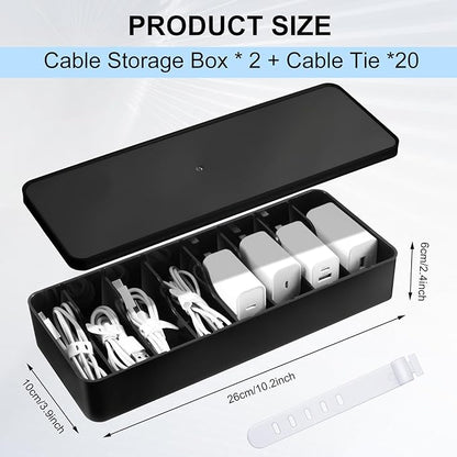 Tatuo 2 Pcs Cable Organizer Box with Wire Ties, Plastic Cord Storage Box with Lid, Electronics Organizer for Home Office Desk Organizers and Accessories (Black)