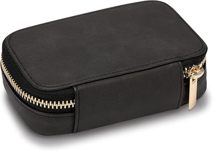 HISCOW Vegan Leather Travel Jewelry Case with Zipper - Portable Necklace & Earring Holder Organizer for Women Girls, Velvet-Lined Ring Box with Anti-Tarnish Design, Black