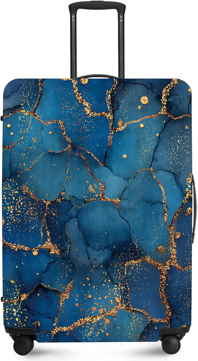 FOREVER QUEEN Blue Gold Luxury Marble Luggage Cover Suitcase Protector Suitcase Cover Anti-Scratch,Stretchable Bag Cover Washable Durable Polyester
