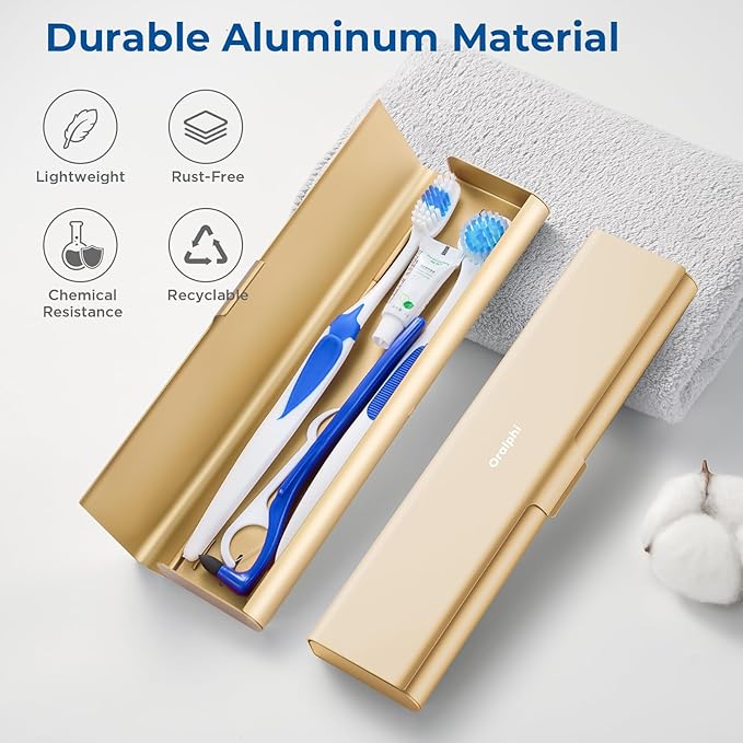 Wider Aluminum Toothbrush Travel Case, Portable Travel Toothbrush Holder, Durable Manual Toothbrush Box Container for Traveling, Bathroom, Camping, Business Trip, Gold