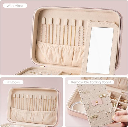 Lolalet Travel Jewelry Case for Women Girls, Travel Jewelry Organizer Box with Mirror & Clear Storage Bag, Small Portable Earring Necklace Bracelet Ring Case, Birthday Christmas Gifts -Medium, Pink