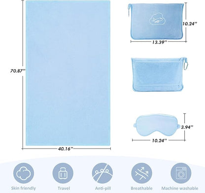 Travel Blanket, Ultra-Soft, Warm & Lightweight Travel Blanket Airplane with Bag, 65x40 in, Airplane Travel Essentials for Women, Men & Kids, Included Eye Mask, Luggage Sleeve & Backpack Clip