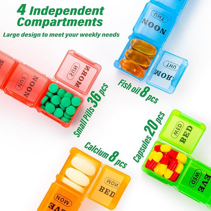 XL Large Weekly Pill Organizer 4 Times a Day, 7-Day Pill Boxes and Organizer AM PM, Big Compartments Pill Case, Monthly Medication Organizer 28 Days Dispenser for Fish Oils