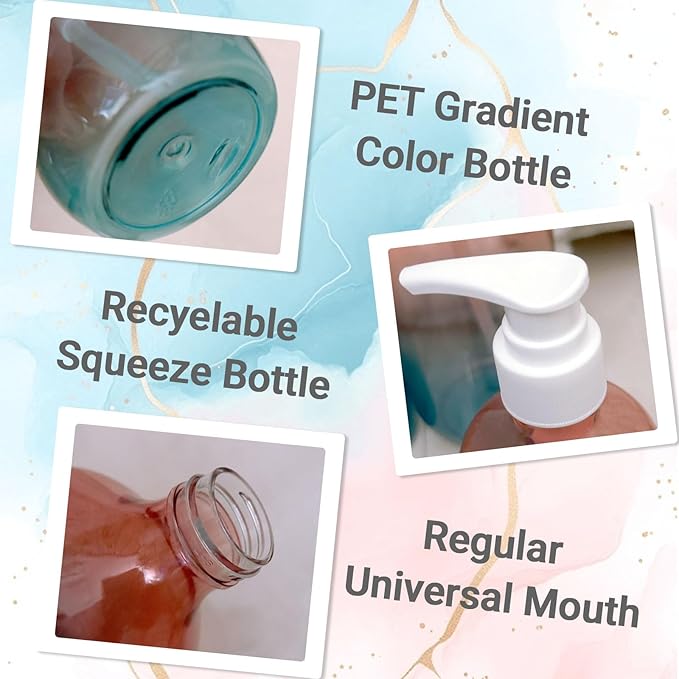 Empty Plastic Gradient Color Bottles with Pump Dispenser and Labels Included, Refillable Travel Containers for Hand sanitizer Shampoo Lotion, etc - No BPA/Parabenf, 500ml/16.9oz (Gradient, 6 Pack)