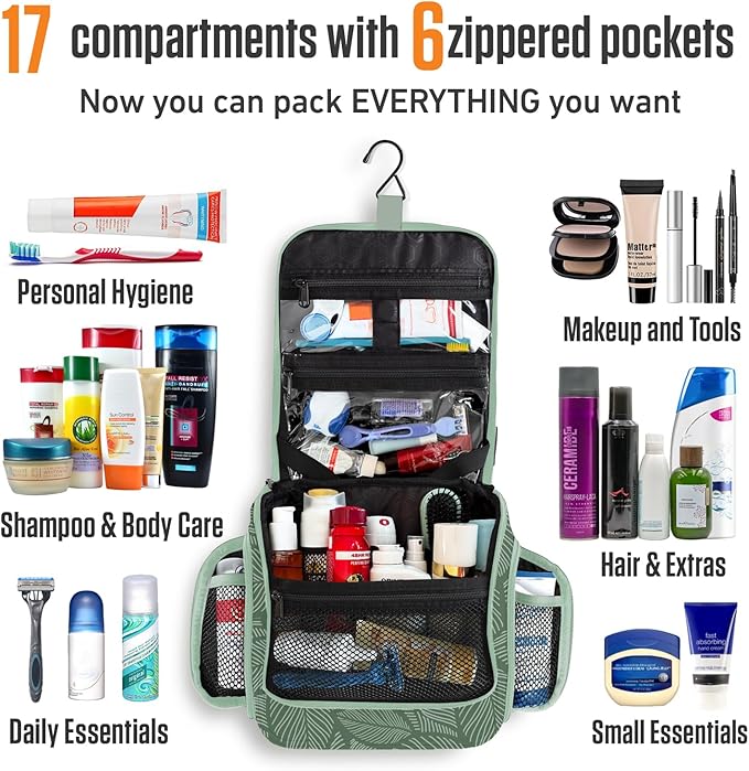 VENTURE 4TH Hanging Travel Toiletry Bag for Women & Men - Travel Organizer with Expandable Compartments & Removable Clear Pouch for Toiletries (Green Leaves)