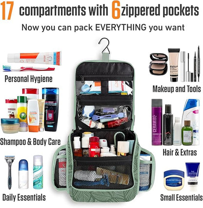 VENTURE 4TH Hanging Travel Toiletry Bag for Women & Men - Travel Organizer with Expandable Compartments & Removable Clear Pouch for Toiletries (Green Leaves)