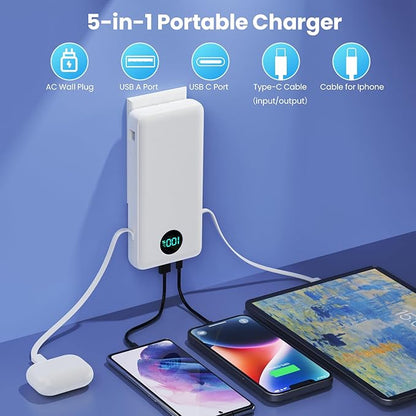 Portable Charger 33800mAh USB C Power Bank with Built-in Cables & AC Wall Plug,25W Fast Charging+QC 4.0 Phone Charger,4 Output Travel Essentials Battery Pack for iPhone16/15/14/13,Samsung,Android etc