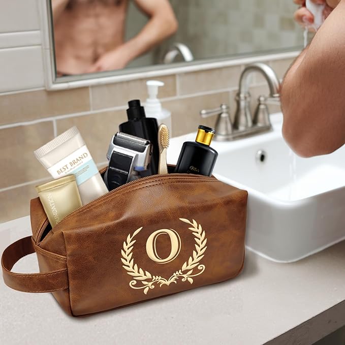 Leather Toiletry Bag Men Personalized Waterproof Shaving Bag, Travel Gift for Men Women with Initials A-Z - DarkBrown(O)