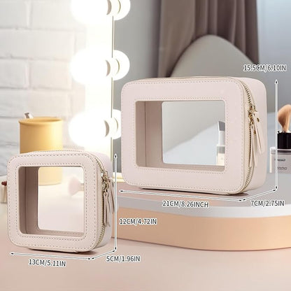 Pinkmik Clear Makeup Bag Waterproof Travel Case for Cosmetics and Toiletries Women's Purse Organizer and Clear Car Bag with Zipper (Beige, M+MINI)