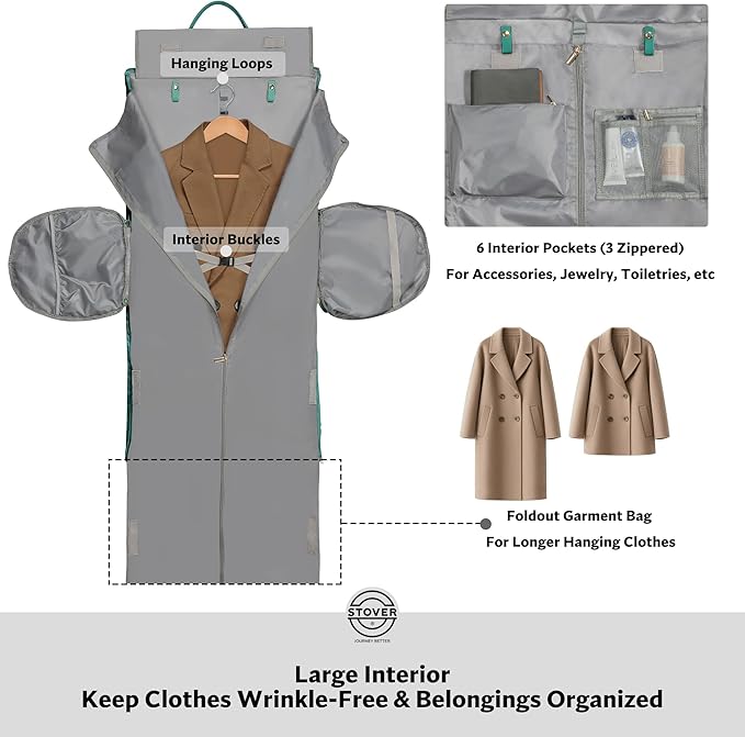 STOVER Women’s Convertible Garment Duffel Bag for Travel – 2-in-1 Carry-On Weekender/Overnight Tote - Wrinkle-Free Dresses, Suits & Clothes Plus Shoe Compartment & Bonus Toiletry Bag (Emerald Green)