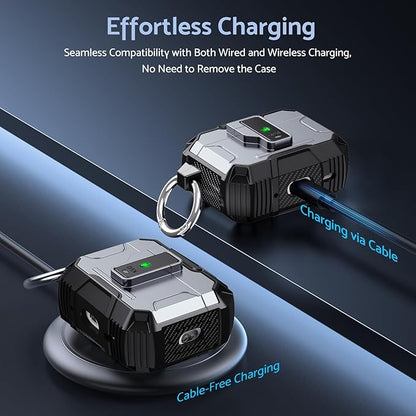 DASFOND Armor Earphone Cover Case for Airpods Pro 2, Military Grade Full Body Shockproof Protection Hard Case, Support Wireless Charging with Keychain, Magnetic Lid, Front LED Visible, Silver