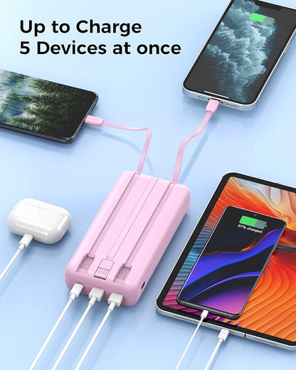 Portable Charger Power Bank 50000mAh Built-in Cables, PD 20W Fast Charging Large Capacity Battery Pack, 5 Output 2 Input LED Display Powerbank Compatible with Phone (Pink)
