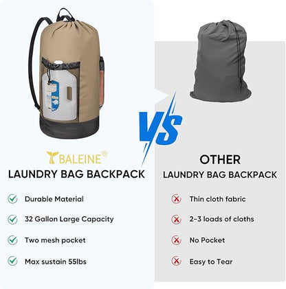 BALEINE 150L Laundry Bag Backpack, 900D Oxford Fabric Large Travel Laundry Bags with Shoulder Straps and 2 Mesh Pockets for College Dorm, Apartment, Laundromat (Khaki, 150L)