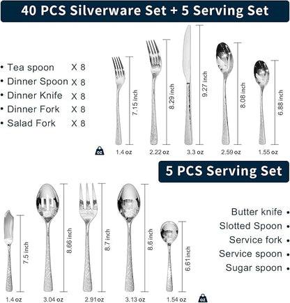 KINGSTONE Hammered Silverware Set, Flatware Set with Serving Utensils, 18/10 Stainless Steel Premium Cutlery with Unique Ripple Handles Design Mirror Polished - Dishwasher Safe (45-Piece)