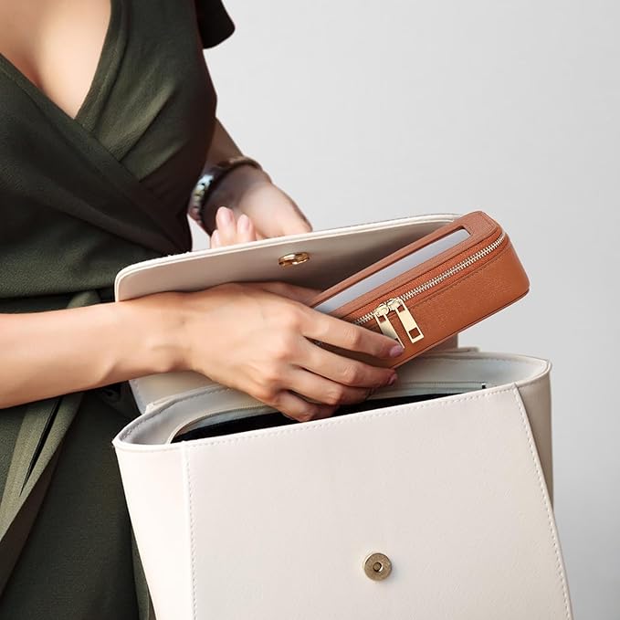 Pinkmik Makeup Brush Case Clear Travel Cosmetic & Toiletry Bag Small Makeup Bag with Zipper Purse Organizer Car Essential Bag for Women (X/Brown, SLIM)