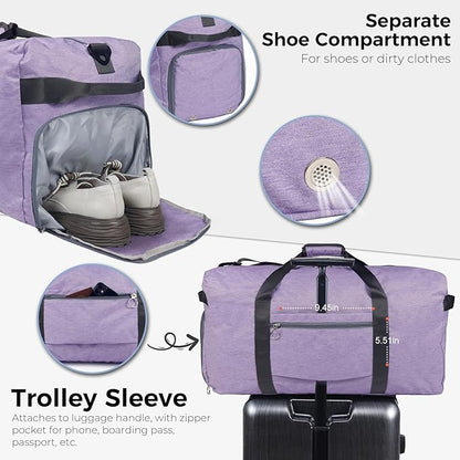 Fmeida 65L Duffle Bag with Shoes Compartment, Foldable Travel Duffel Bags for Men Women, Large Packable Travel Bag Water Repellent & Tear Resistant (Purple)