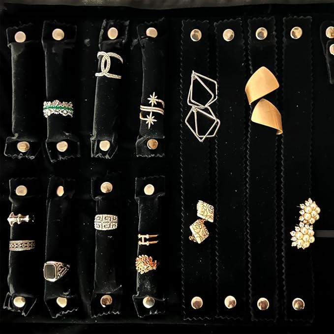 UnionPlus Velvet Travel Jewelry Case Roll Bag Organizer for Necklace Bracelet Earrings Ring, 6 PVC Pockets, Black Upgrade Version
