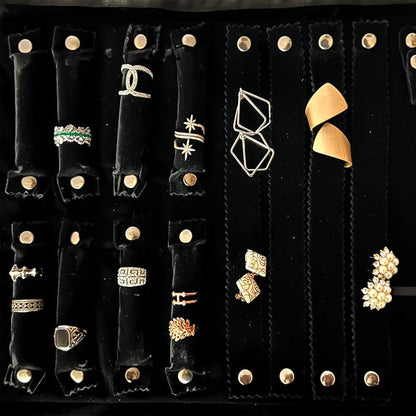 UnionPlus Velvet Travel Jewelry Case Roll Bag Organizer for Necklace Bracelet Earrings Ring, 6 PVC Pockets, Black Upgrade Version