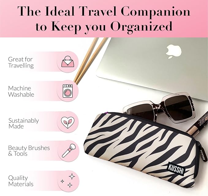 KUSSHI Neoprene Zipper Makeup Brush Pouch and Travel Pencil Case for Beauty Tools, Pencils, Brushes & Small Accessories - Makeup Brush Bag Pouch for Organization and Travel Items (Zebra/Fuchsia)