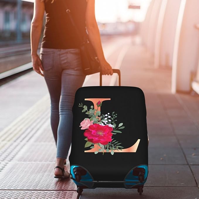 Floral Letter L Travel Luggage Cover Spandex Suitcase Protector Elastic Washable Stretch Suitcase Cover,Size S(Fit 18-21inch Suitcase)